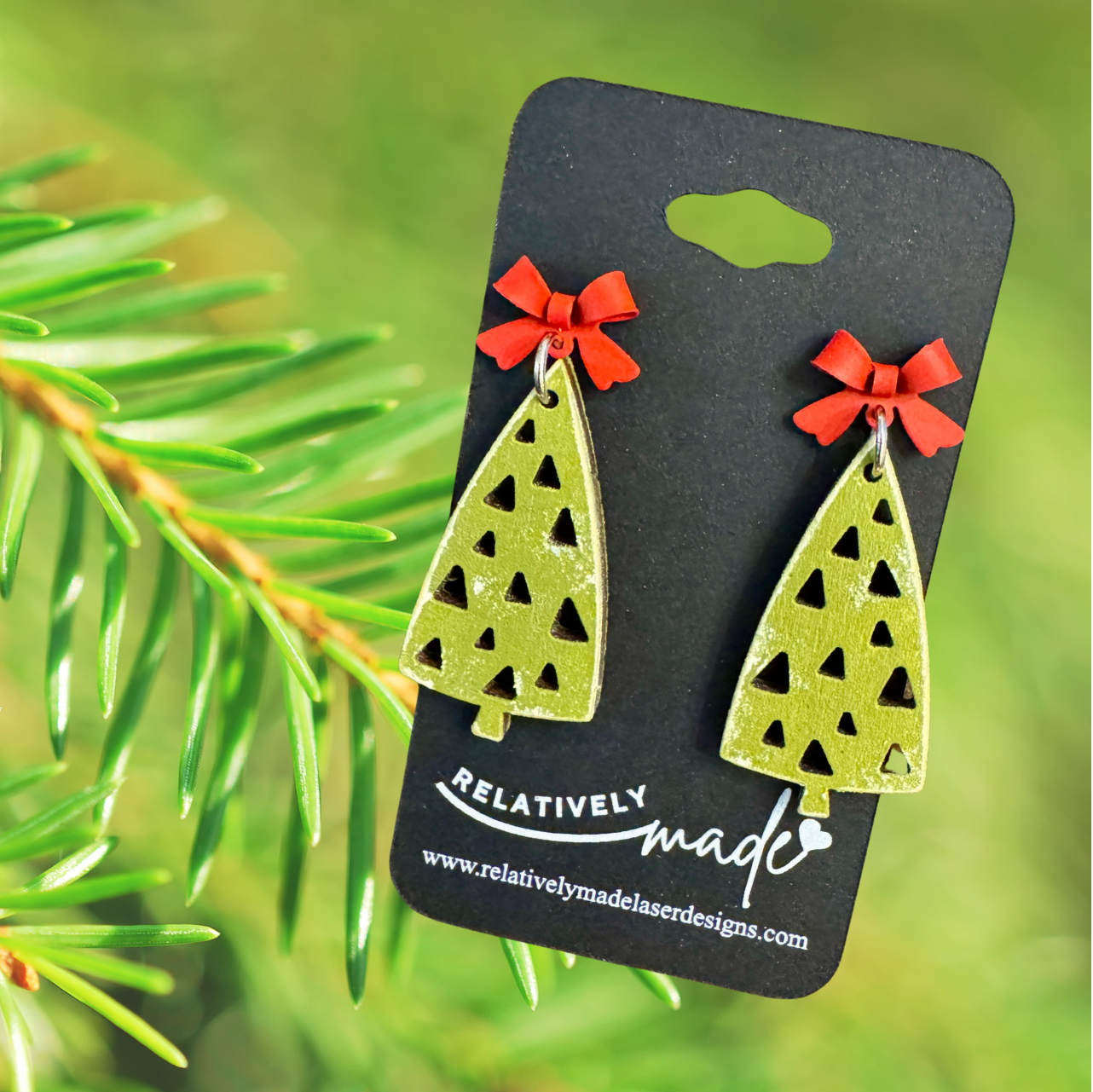 Tree Earrings with Red Bow Stud