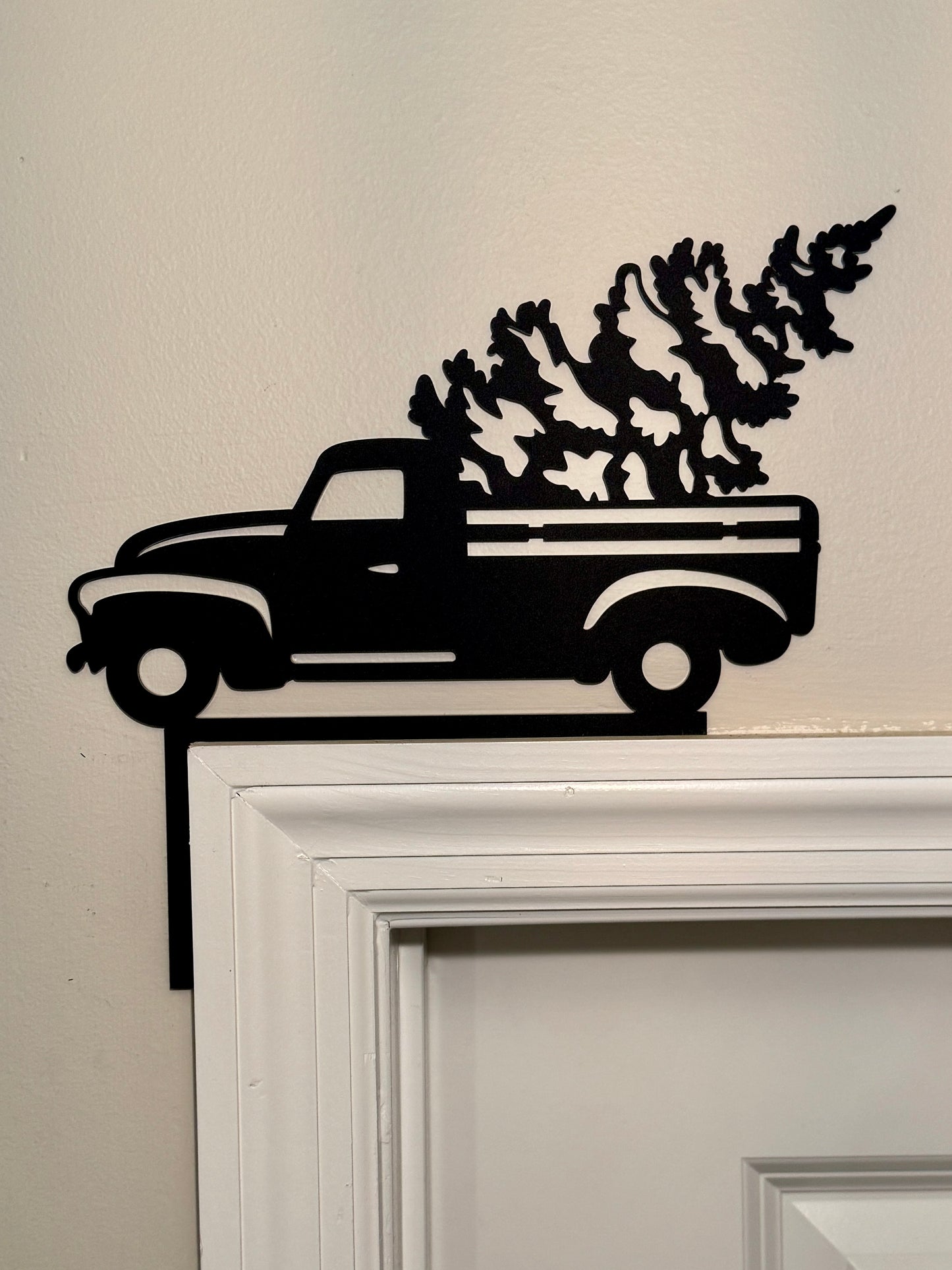Farmhouse Truck with Christmas Tree in back bed door corner made from black acrylic