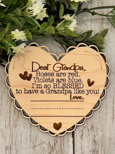 Wooden Heart for Grandpa with a spot or Handwritten Name made by Relatively Made Laser Designs