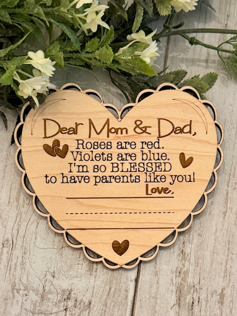 Wooden Heart for Mom & Dad with a spot or Handwritten Name made by Relatively Made Laser Designs