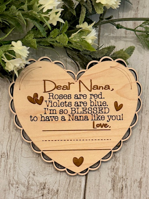 Wooden Heart for Nana with a spot or Handwritten Name made by Relatively Made Laser Designs