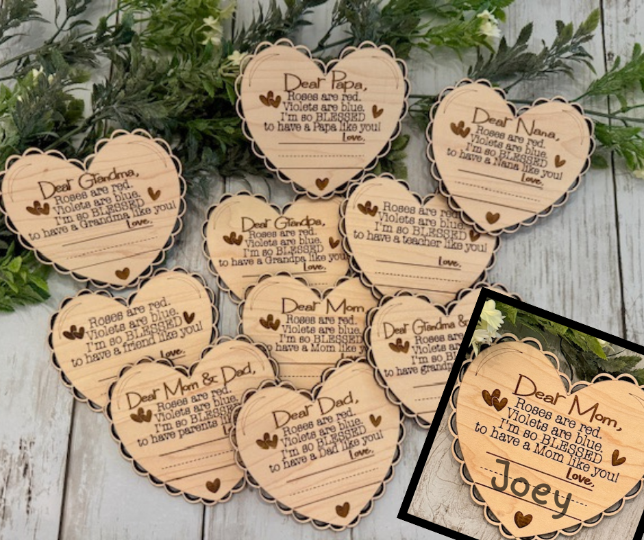 Wooden Heart in a group photo with close up of a Handwritten Name made by Relatively Made Laser Designs