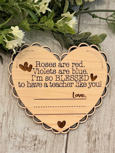 Wooden Heart for teacher with a spot or Handwritten Name made by Relatively Made Laser Designs